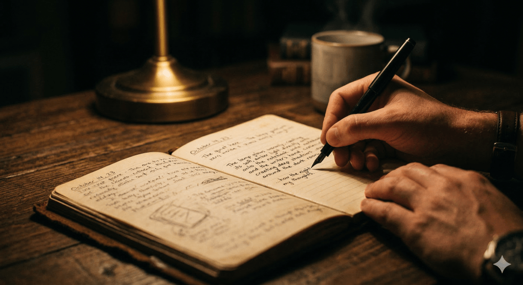 Estudante escreve num caderno à luz de um candeeiro, numa secretária de madeira, imagem que simboliza escrita, identidade e reflexão pessoal.